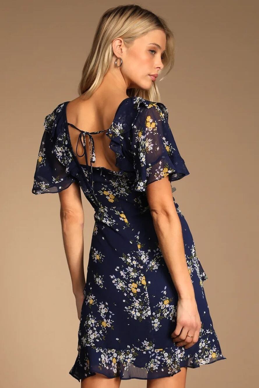 Lulus Spring Sweetheart Navy Blue Floral Flutter Sleeve Mini Dress S